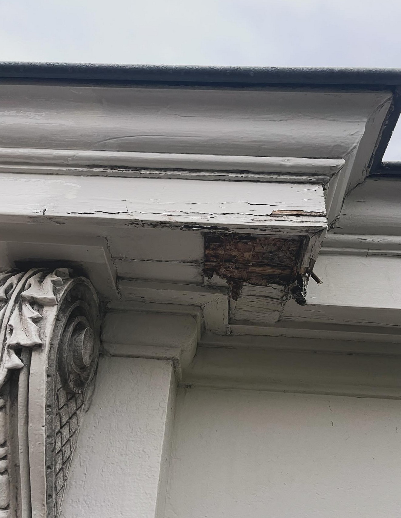 Houtrot in een klassieke daklijst met ornament, voor de sanering